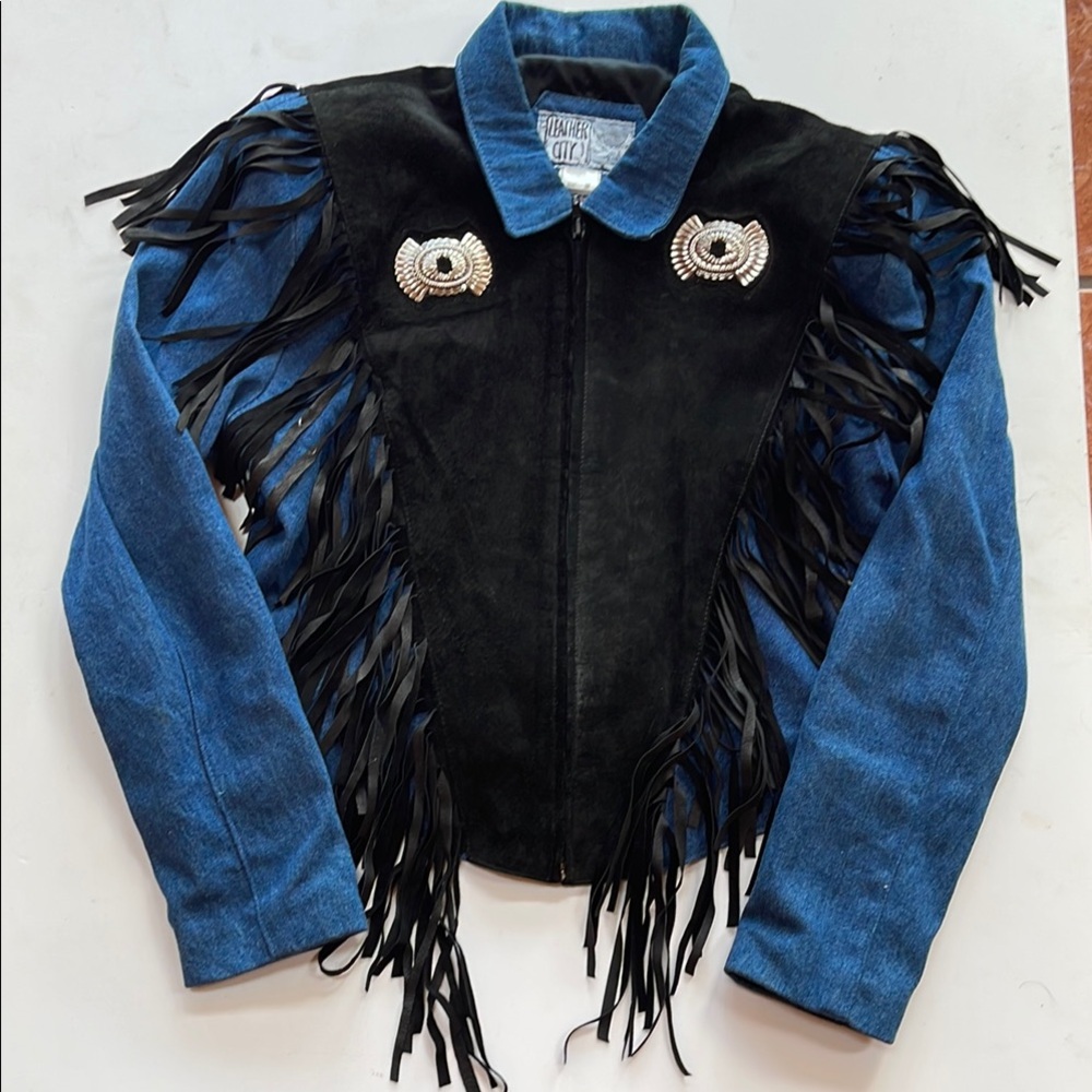 Leather City Leather & Denim Jacket with Fringes Size Medium